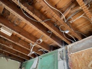 open ceiling during a renovation showing wiring
