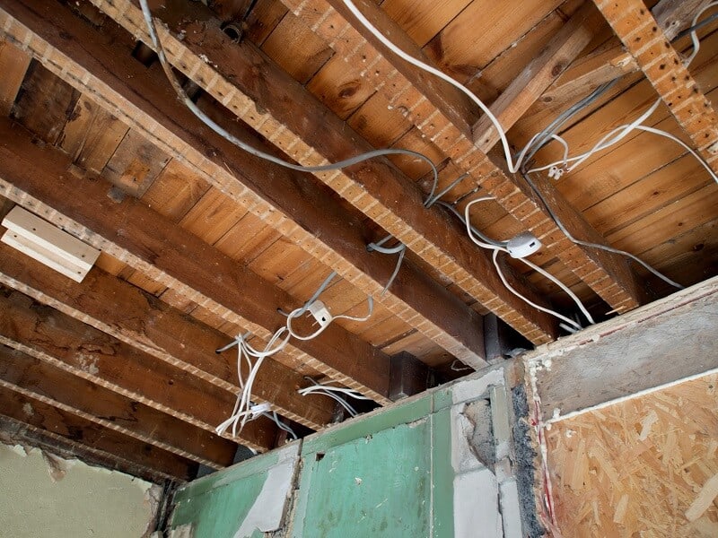 open ceiling during a renovation showing wiring