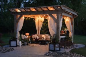 outdoor patio with string lights installed