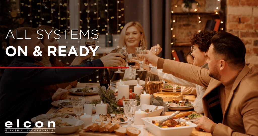 Family enjoying a holiday meal in a home prepared to handle increased electrical demand safely